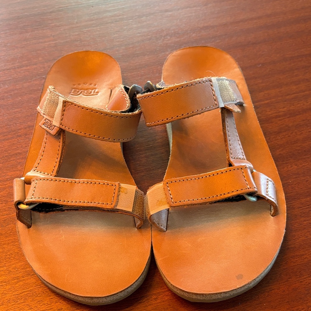 Teva Tan Leather Double-Strap Slide Sandals